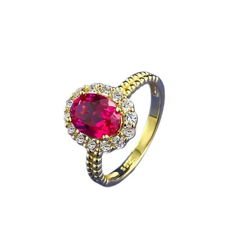 New 100% S925 silver gold-plated European and American style pigeon blood red oval 6 * 8 ring classic versatile wedding jewelry