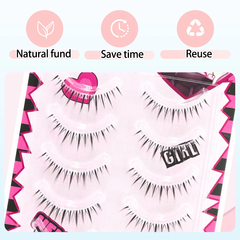 5 Paar natürliche, transparente Wimpern mit Stiel, Fee, falsche Wimpern, Handrippenhaar, weiches Cartoon-Augen-Make-up, Manga-Wimpern