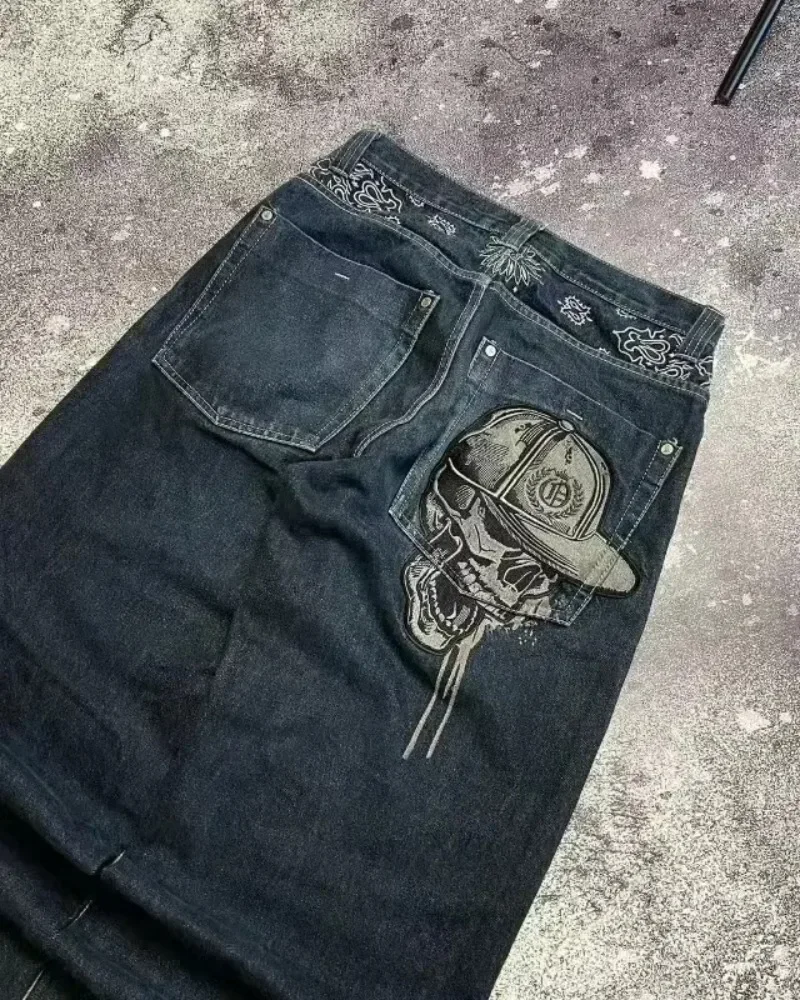 Y2K americano nueva tendencia Hip-hop gótico bordado Jeans calle Harajuku ocio suelto recto pantalones de pierna ancha pantalones vaqueros Unisex