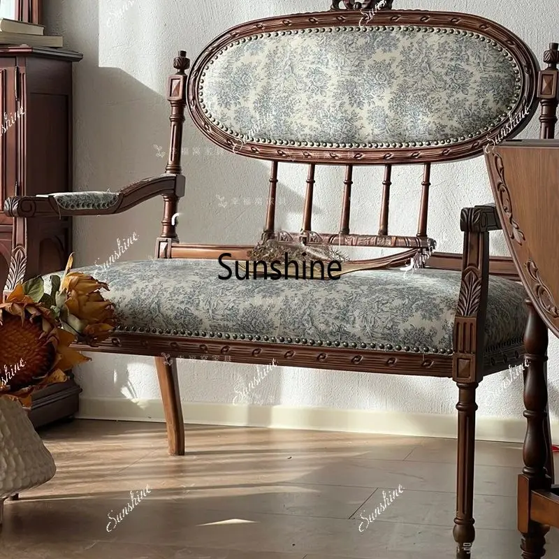 American solid wood small apartment double sofa medieval studio fabric leisure chair carving