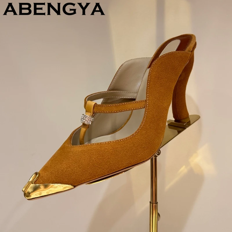 2026 Summer Hot Sale High Heels Slippers Women Fashion Metal Decor Pointy Toe Leather Mules Sexy Runway Party Pumps Shoes Female