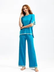 New Fashion Set Elegant Slit Short-sleeved Sweater + High-waisted Wide-leg Trousers Two-piece Set New Office Solid Casual Suit