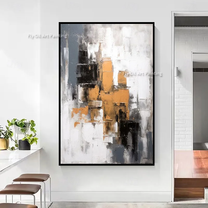Orange Grey Geometric Abstract Canvas Art Hand Painted Rough Texture Oil Painting Minimal Apartment Vertical Wall Decoration
