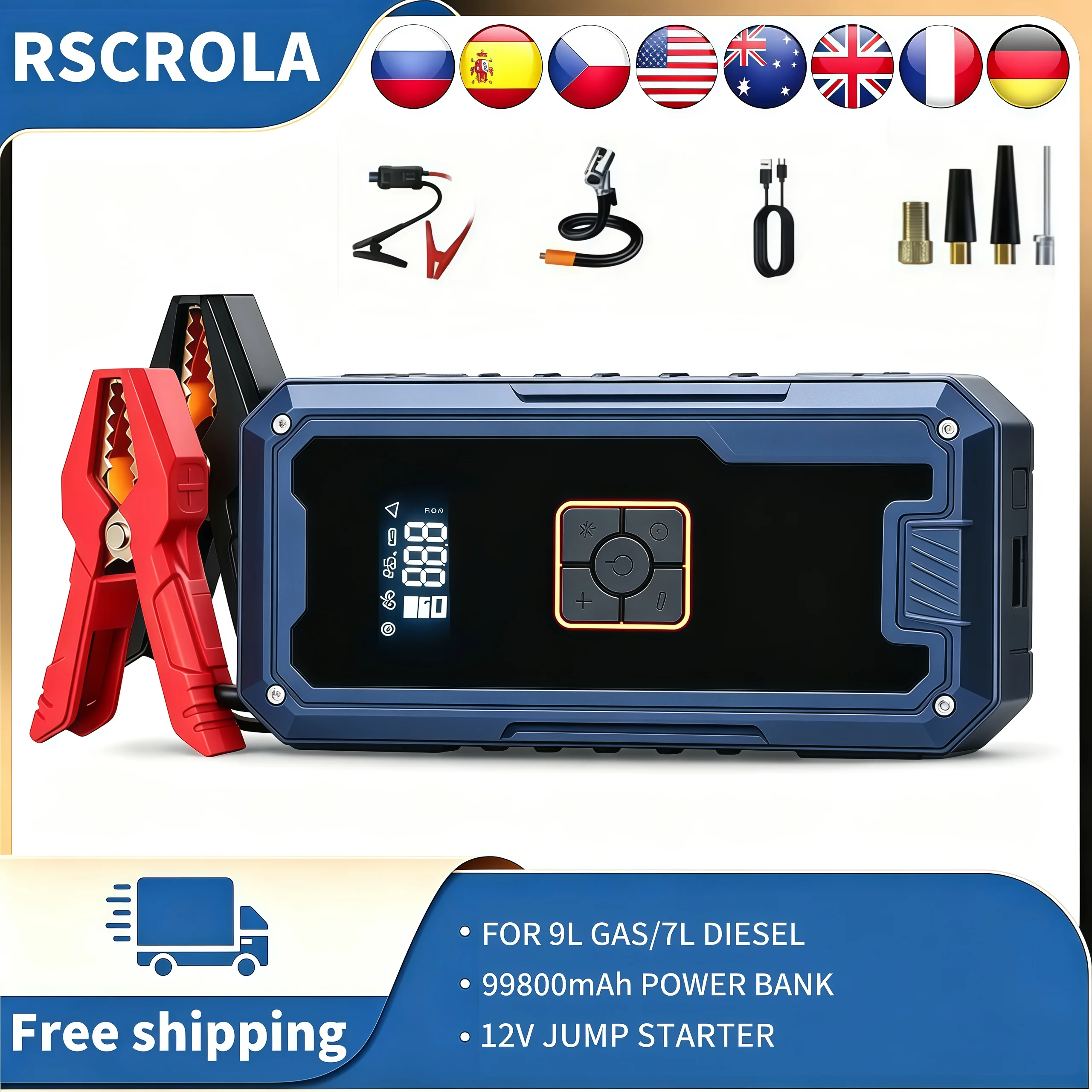 3000A 99800mah Portable Jump Starter With Air Compressor For 12V Petrol Diesel Car 150 Car PSI Tires Air Pump with LED Lights