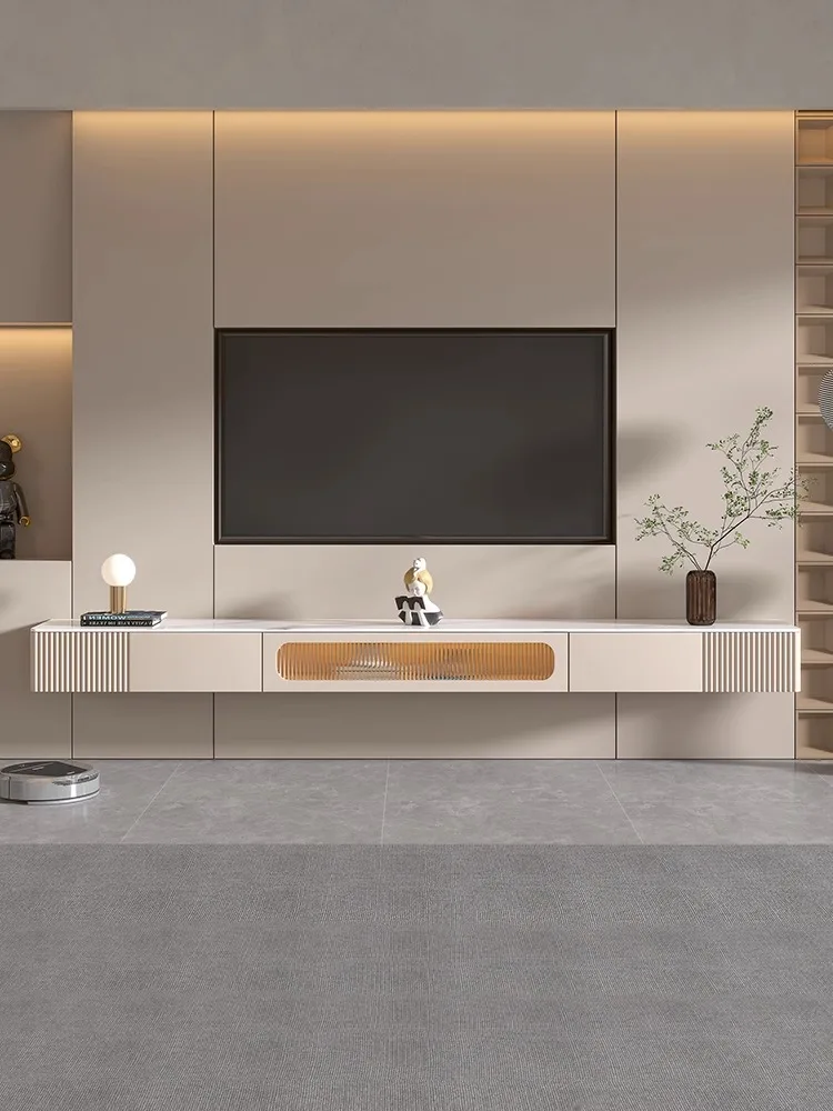 

Modern simple rock slab coffee table TV cabinet combination household living room light luxury cream wind suspension wall-mounte