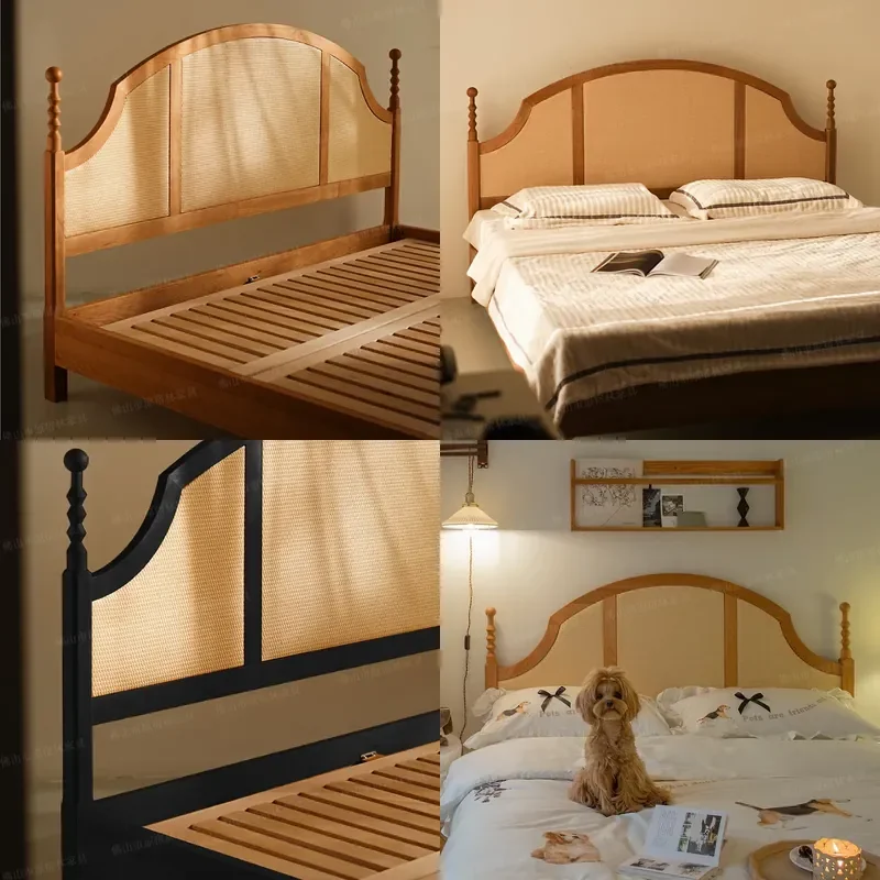 For French Antique Rattan Saigon Bed Double 1.5m Solid Wood Frame Bedroom Furniture Home Marriage Bed Natural Wicker Design