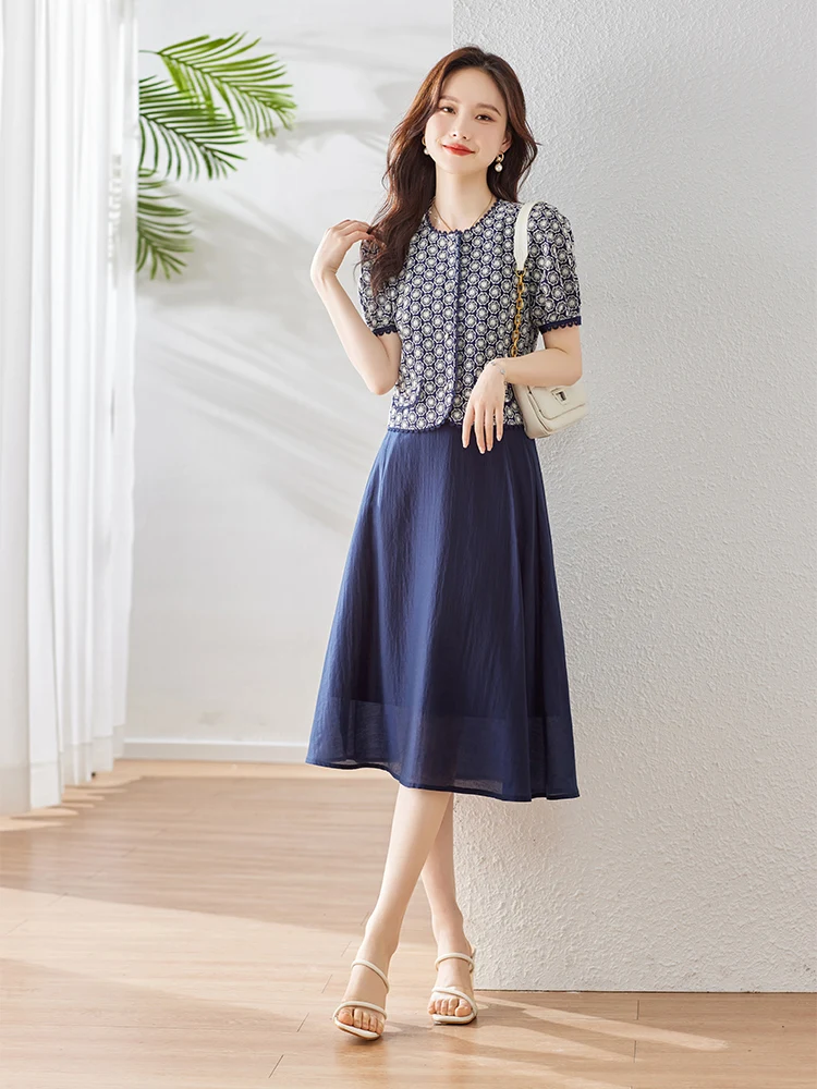 Vimly 2024 Summer Women's Outfits Two Piece Skirt Sets Navy Lyocell Solid Midi Skirts Embroidery Short Sleeve Tops Matching Sets