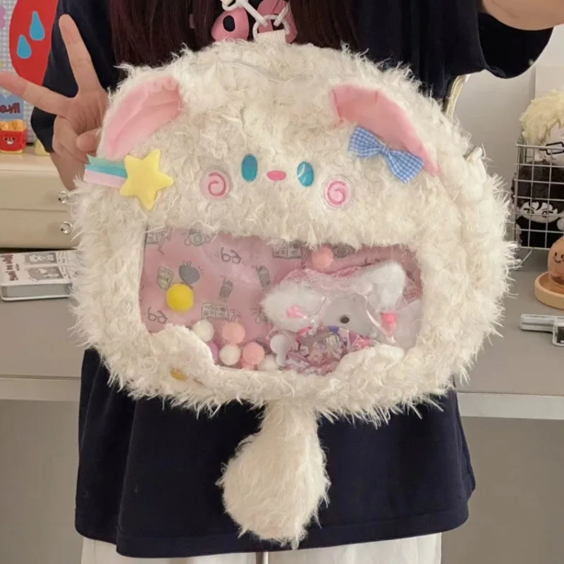 Xiuya Katze Umhängetasche für Frauen Plüsch Süße Mode Y2k Kleiner Rucksack Japanischen Stil Transparent Casual Lolita Weibliche Ita Tasche