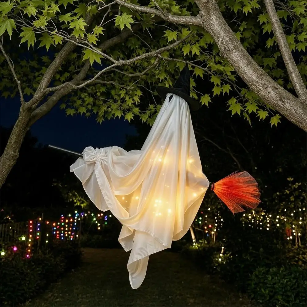 Halloween Party Atmosphere Supplies Spooky Outdoor Porch Decor Hanging Ghost with Broom Halloween Decoration Flying for Haunted