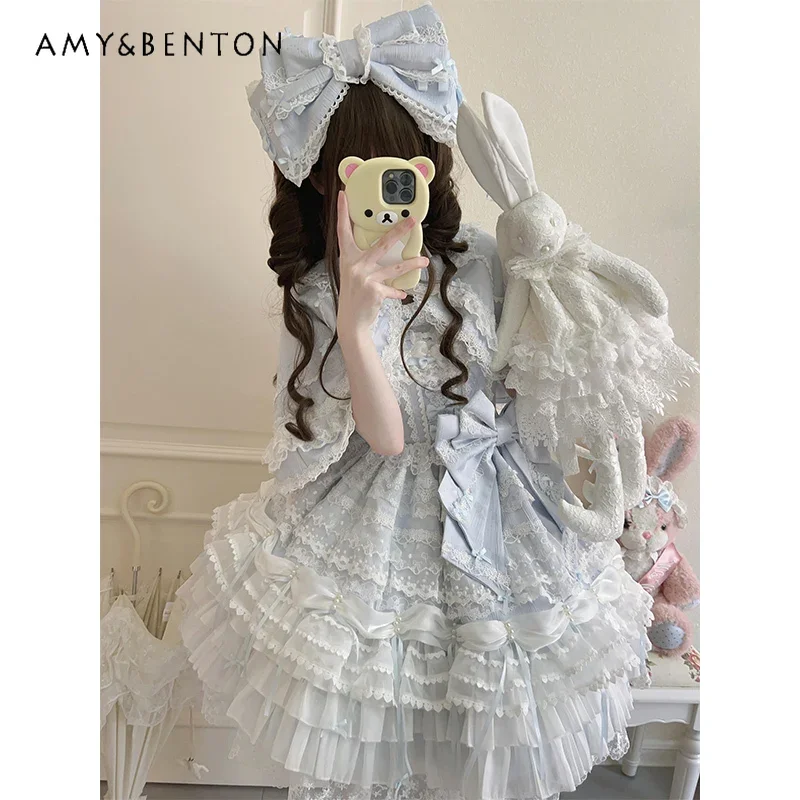 Temperamento princesa estilingue tutu vestido lolita vestido de aniversário para mulheres doce arco fino renda malha multi camada vestido jsk vestidos