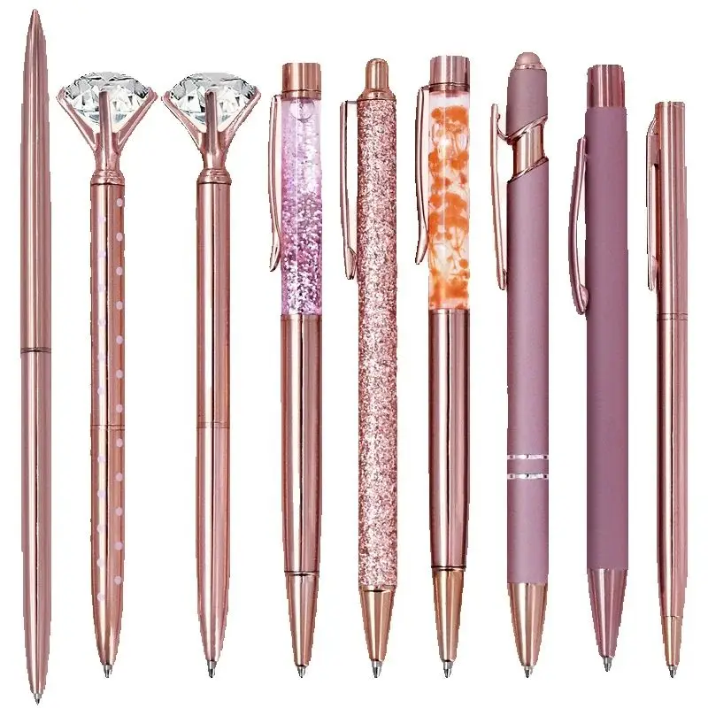 

9pcs Rose Golden Ballpoint Pen Set, Stylish Metal Pens With Crystal Accents, School Supplies, Office Supplies, For Festival, W