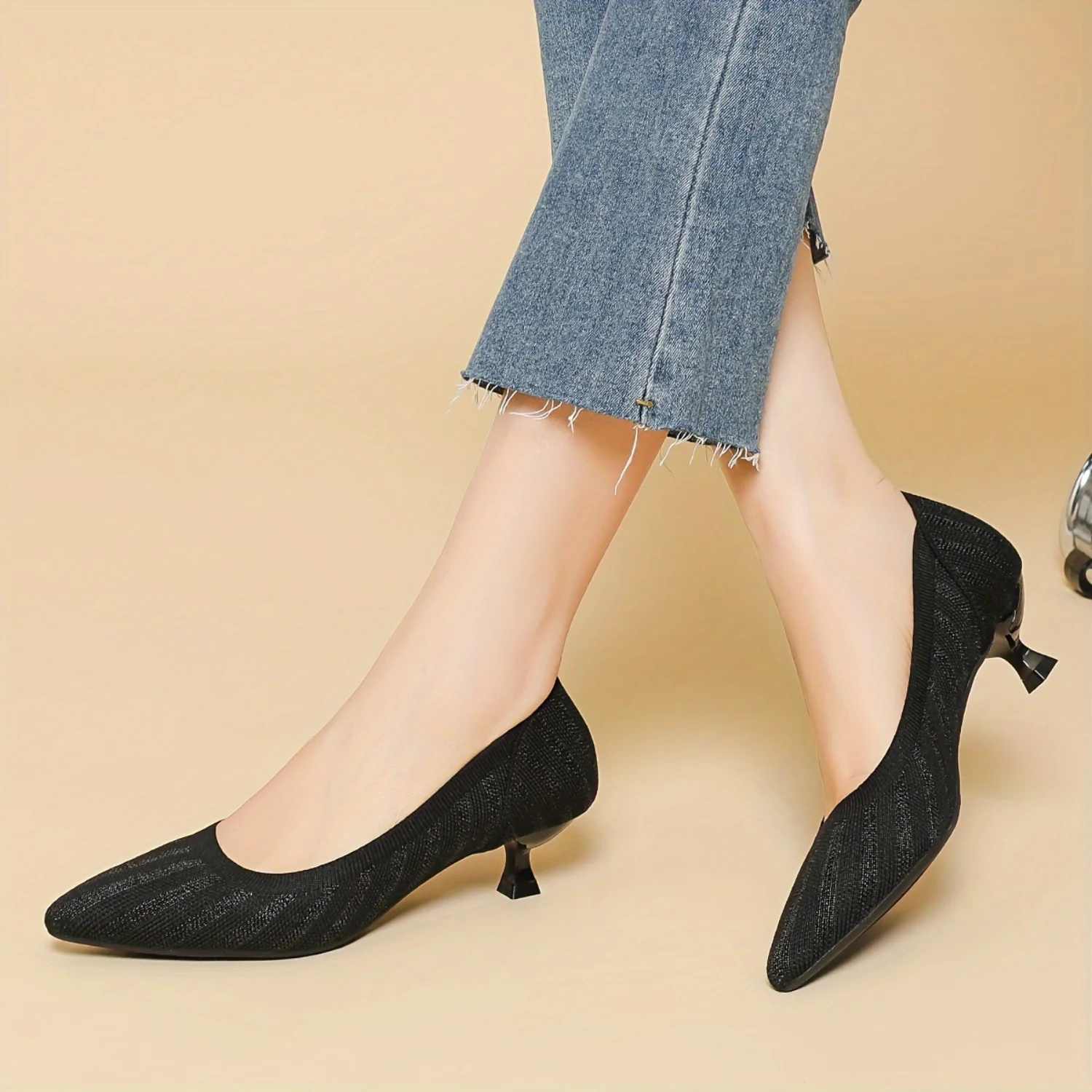 Women's Breathable Knit Kitten Heels, Elegant Point Toe Dress Pumps, Fashion Slip On Heels