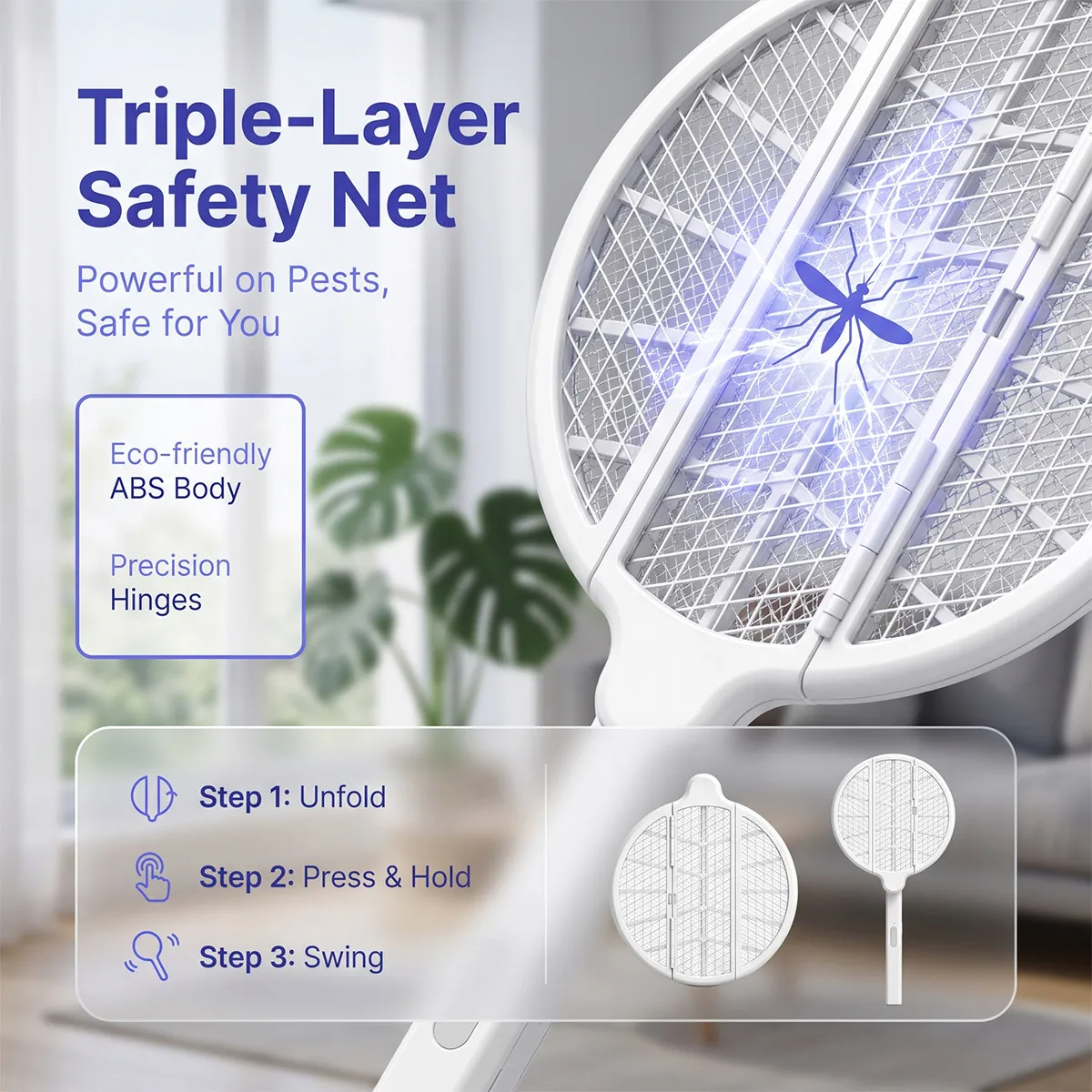 Foldable 3‑In‑1 Electric Mosquito Swatter, Type‑C Rechargeable Insect Zapper Racket, Bug & Fly Killer for Indoor Household Use