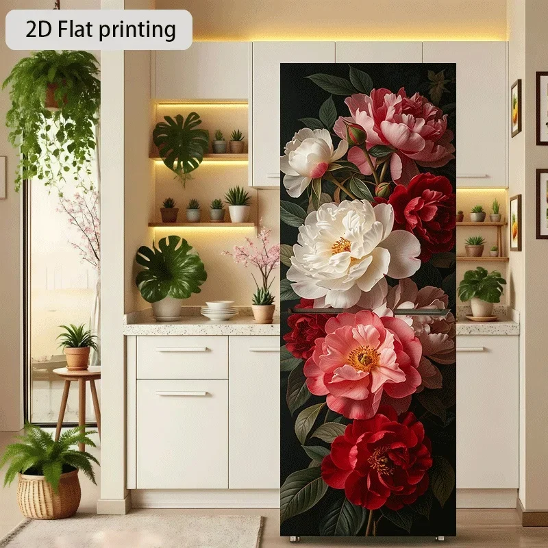 1 autocollant pour réfrigérateur imprimé en 2D, de 60×180 cm, avec un motif pivoine. Cette décoration murale autocollante