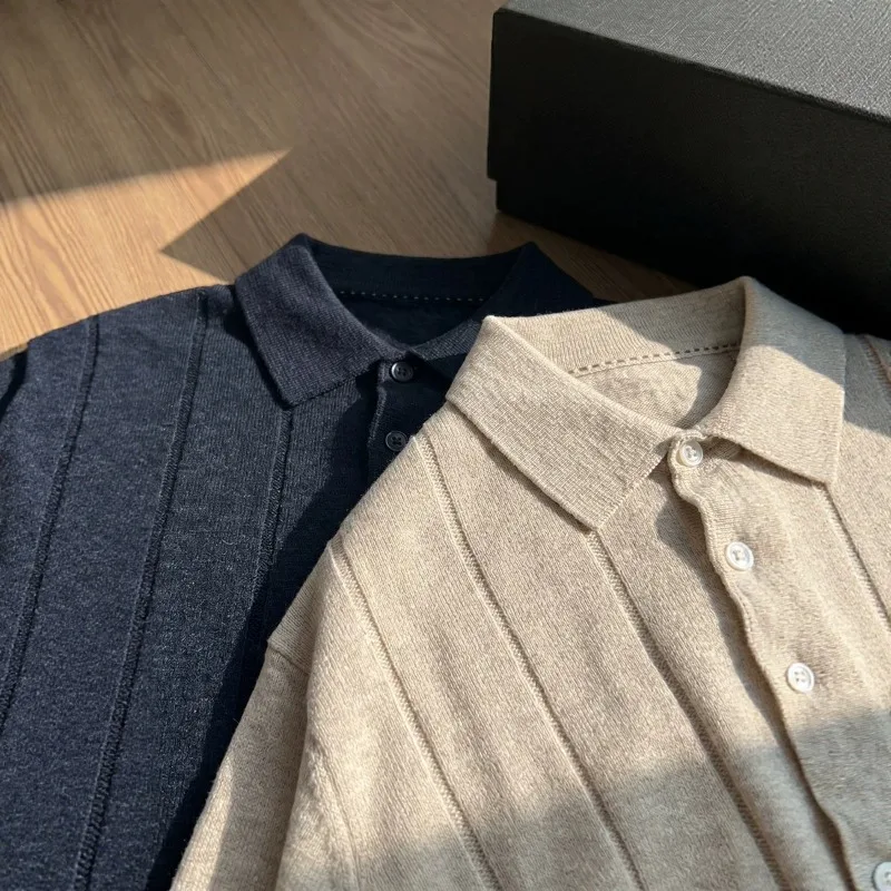 Linen-blend Lapel-neck Knitted Sweater T-shirt Amber Texture Versatile Short-sleeved Business Casual Polo Shirt