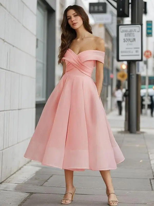 Off Shoulder Prom Dresses 2024 Pink Tea Length A Line Formal Party Special Occasion Women Evening Gowns robe de soiree femmes