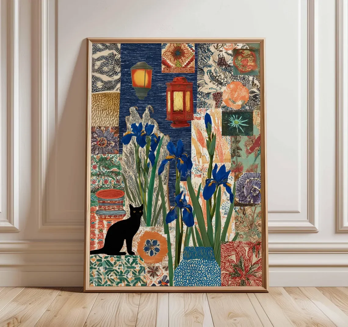 Boho Cat Poster, Moroccan Lantern Wall Art, Floral Collage Print, Vintage Oriental Artwork, Colorful Botanical Decor, Eclecti