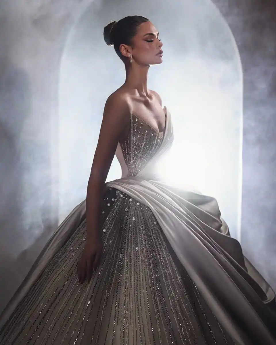 섹시한 V 넥 웨딩 드레스 볼 가운 우아한 페르시 레이스 신부 드레스 진주 새틴 민소매 맞춤형 vestidos de novia