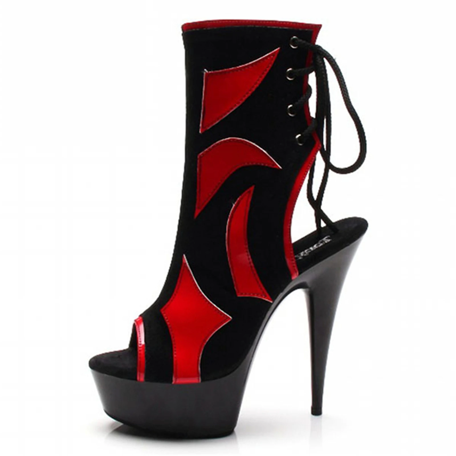 

2025 Gothic Flame Boots Women Red Black Suede Leather Cutout Peep Toe Stiletto Heels Back Lace Up Platform Club Shoes