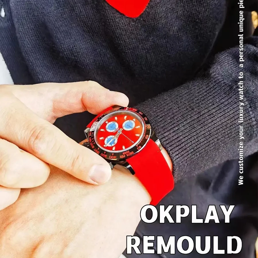 OKPLAY Men Chronograph Watch 39.5mm Modified Customized Quartz Wristwatch Sapphire 100M Waterproof Triple Windows Red