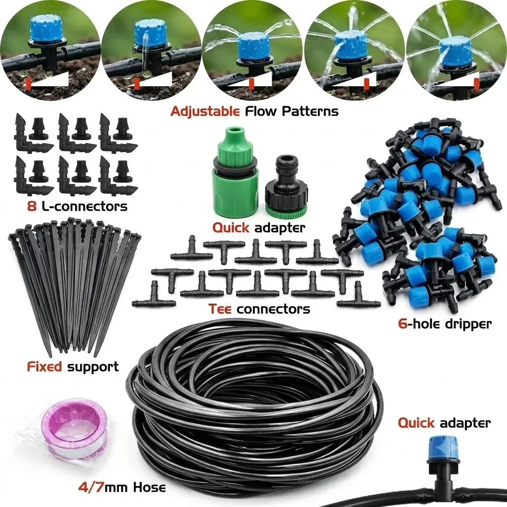 1/4 Inch Automatic Watering Nozzles Included in 10-30M Garden Drip Irrigation Kit for Farmland Bonsai Plant Flower Vegetable