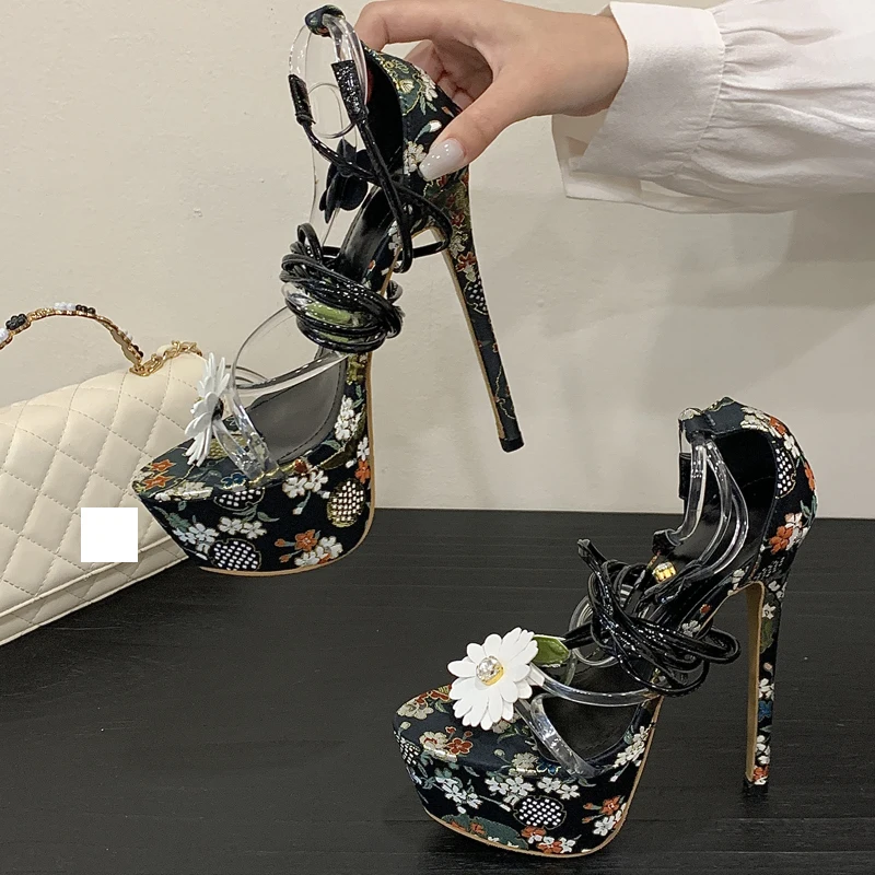 Eilyken Street Style PVC منصة شفافة النساء الصنادل مصمم طباعة رقيقة عالية الكعب الكاحل عبر حزام أحذية الصيف