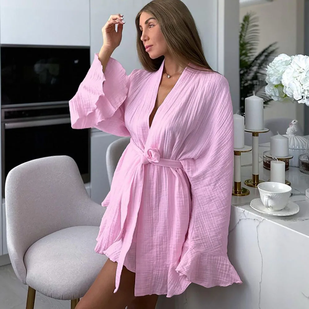 New Crepe Cotton Long-Sleeved Pajamas For Women Stylish Solid Color Loose Ruffled Cardigan Lace-up Robe+Shorts Sleepwear Suit