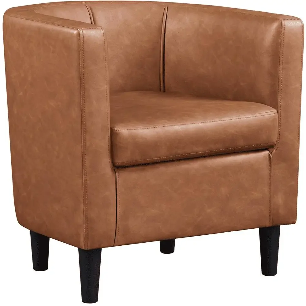 Brown Faux Leather Barrel Accent Chair Upholstered with High-Density Foam Stylish & Practical 300lb Capacity Easy to Clean Ideal