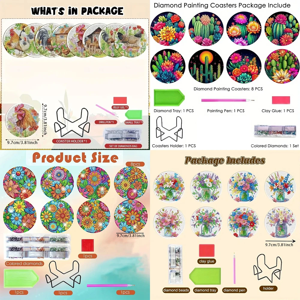 8 قطع/مجموعة من الوقايات المطلية بالألماس على شكل حيوانات وزهور، حصيرة مشروبات مقاومة للحرارة من حجر الراين المتلألئ مع #3