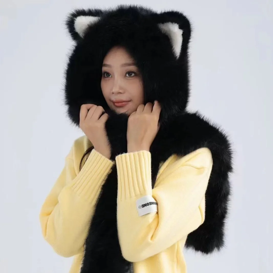 Women Winter Faux Fox Fur Scarf Fur Wrap Girls Outdoor Earflap Cap Neckerchief Fluffy Warm Beanie Hat Bomber Hats Snow Ski Cap