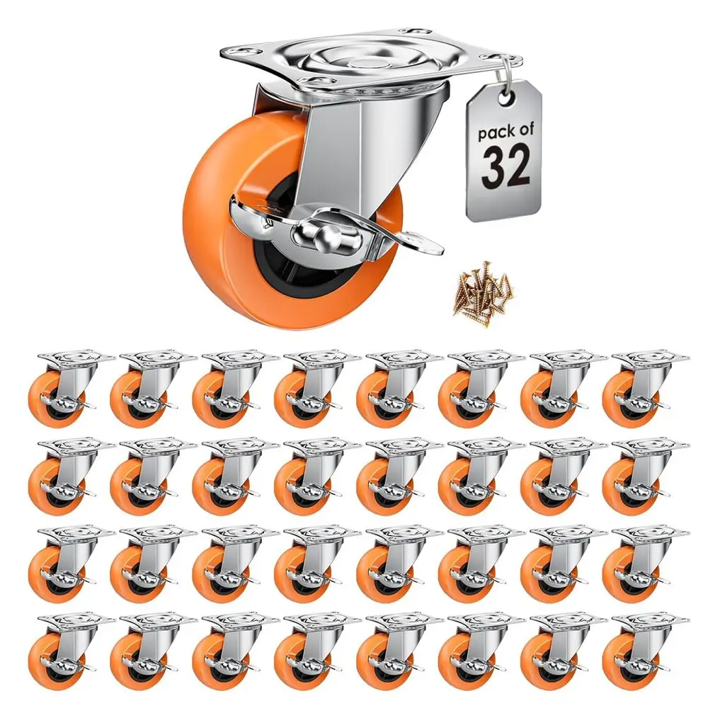 

2 Inch Swivel Plate Caster Wheels with Side Brake, Orange Polyurethane (PU) Cast, 32 Pack
