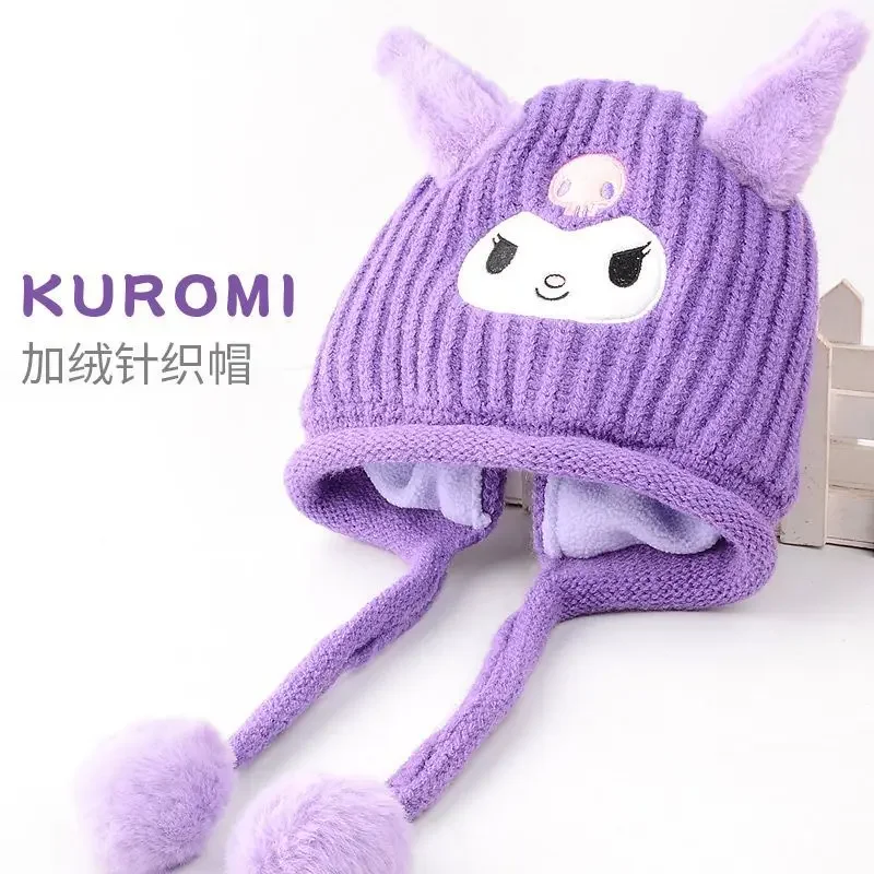 

Осенне-зимняя флисовая шапка Kuromi My Melody для девочек Kawaii Sanrio аниме детская вязаная шапка Милая теплая мультяшная шапка с сердечками для девочек Подарки