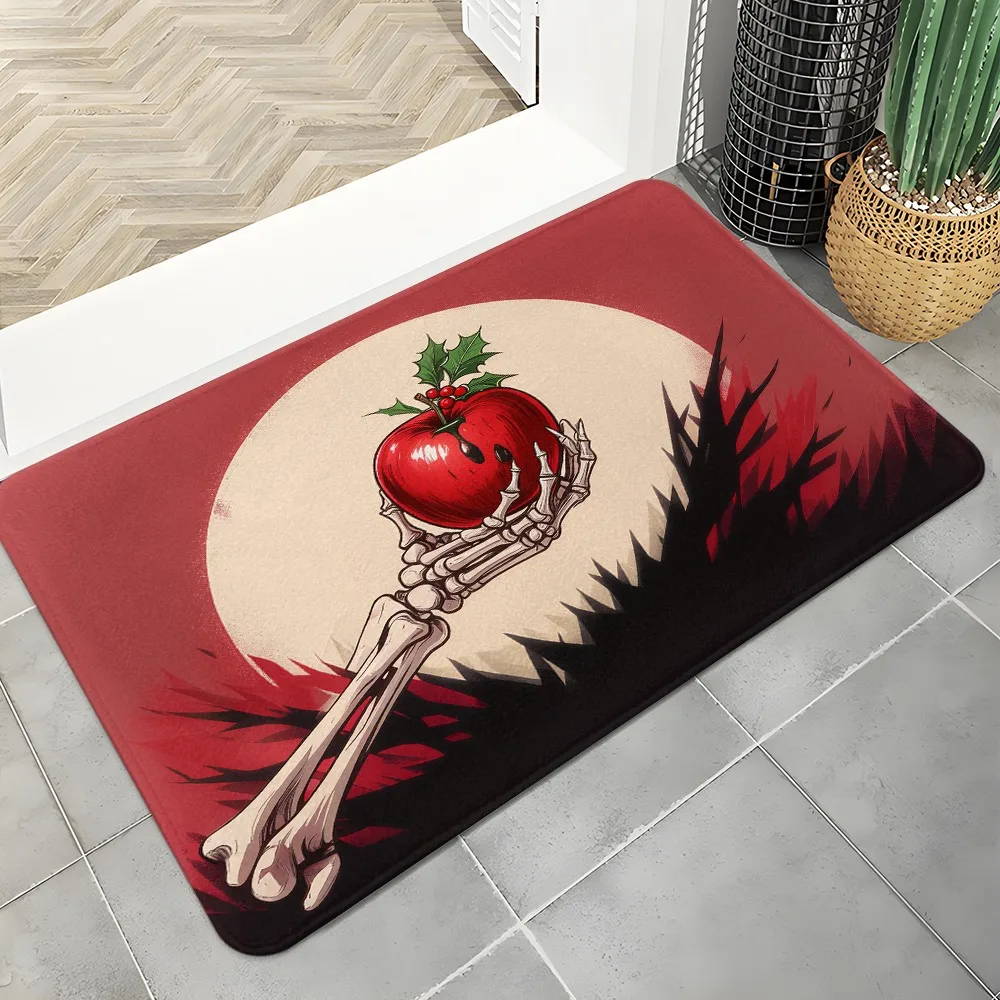 Gothic Skeleton Hand Holding Apple Door Mat, Vintage Horror Style Non-Slip Floor Rug for Halloween Entryway Bathroom Decor