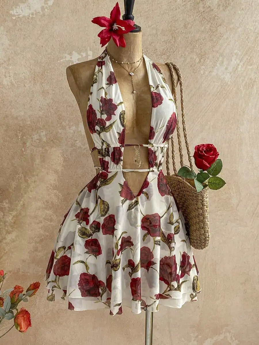 

Floral Print Halter Neck Mini Dress With Deep V Cut And Waist Tie, Boho Chic For Beach Wedding Graduation Or Festival Events