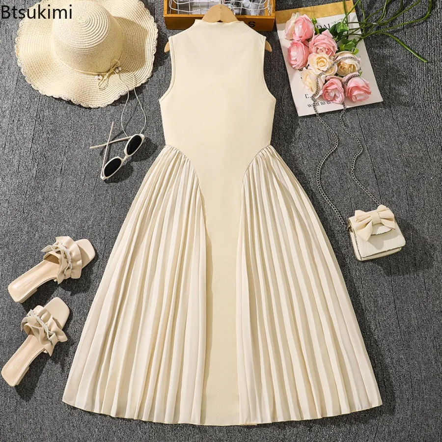 Teens Solid Color Beige O-Neck Sleeveless Wrinkled A-Line Dress for Girls 8-12 Years Summer New Elegant Frenchy Party Clothing