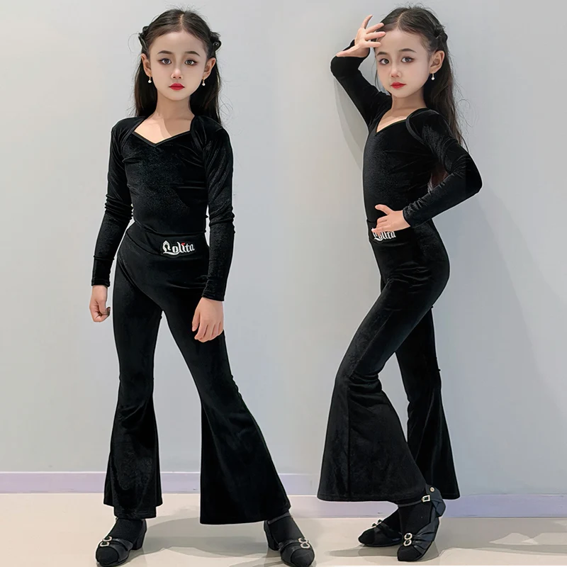 

Бархатный черный костюм для латинских танцев для девочек, тренировочная одежда для ча-ча, боди с длинными рукавами, расклешенные брюки, детская тренировочная одежда для латинских танцев 2337