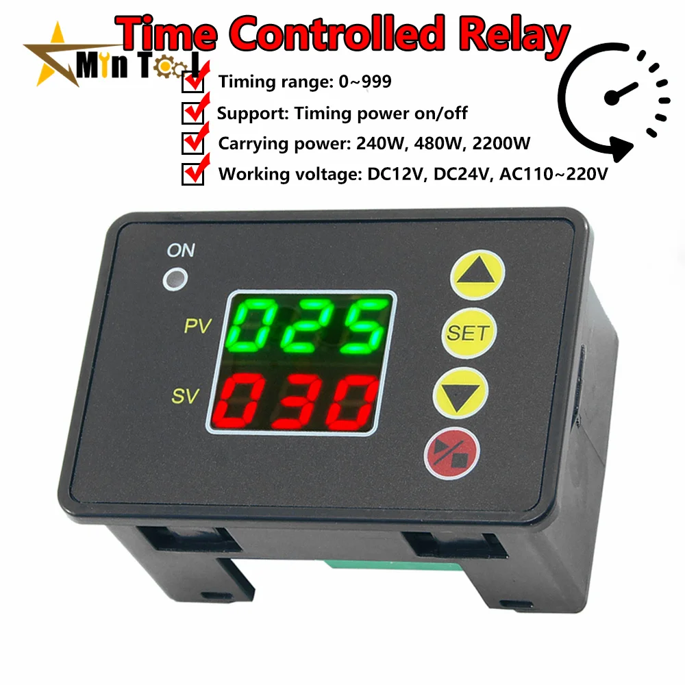 

0-999s/min/hour T2310 Digital Time Controller Countdown Timer Switch DC 12V 24V A220VC 110V Delay Timer Relay Power Supply