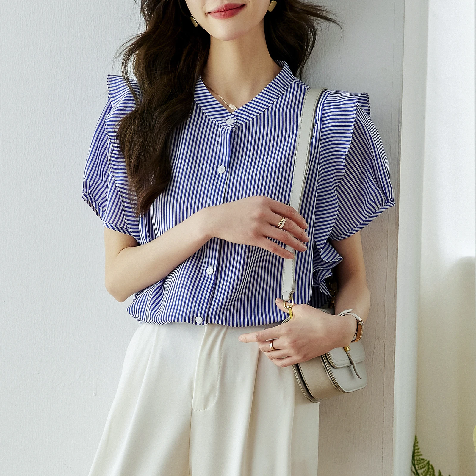 Office Lady Lotus Leaf Sleeve Stand Collar Chiffon Striped Blouses Shirt Women's Summer Fashion Elegant Shirts Blue Women Tops