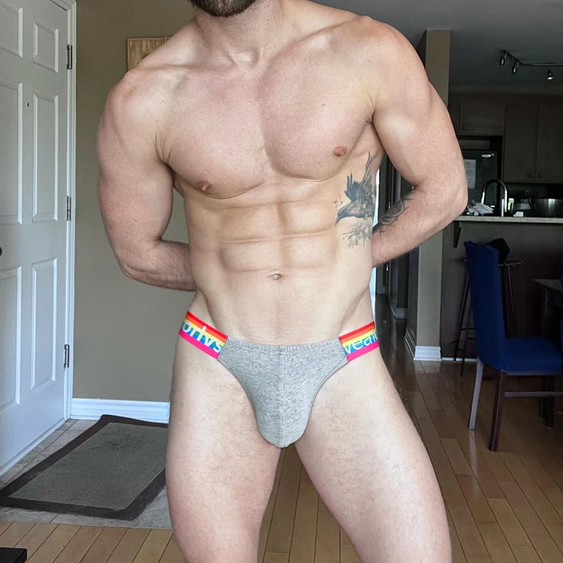 Sexy Men Underwear Brief Underpants Rainbow Stripes Gay Men's Jockstrap Bikini Slip Men's Tanga String Thong Breathable Cotton