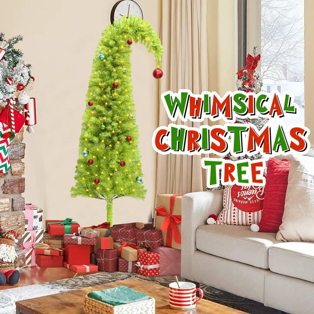 شجرة عيد الميلاد الخضراء الليمونية غريب الأطوار، بطول 6 أقدام مع 150 مصباح مؤقت LED، كرات وزخارف، شجرة أقلام صناعية قابلة للانحناء لـ #2