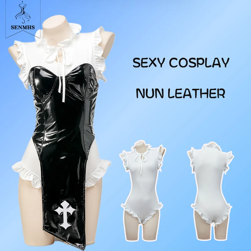 

SENMHS Women Anime Halloween Sexy Nun Cosplay Lingerie Tempting Party PU Leather High Split Ruffle Bodysuit Gothic Uniform