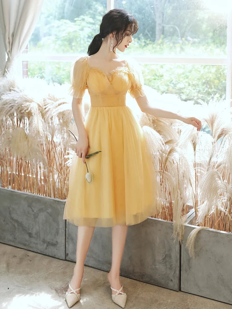 Gaun Tulle Quinceanera pendek kuning gaun Prom A-line leher V lengan pendek gaun malam Modern elegan indah