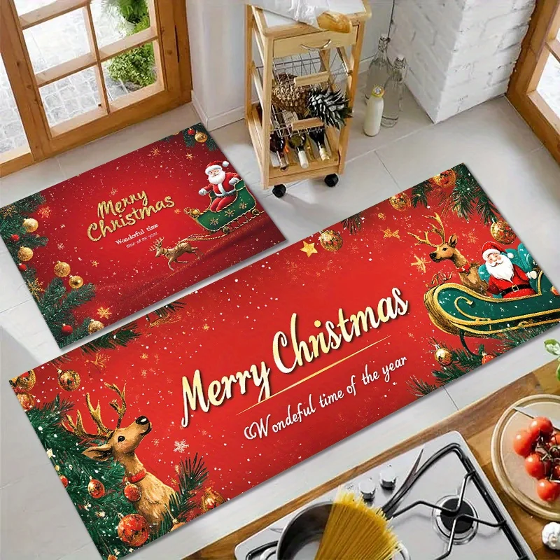 Christmas Pine Needle Deer Santa Claus Kitchen Floor Mat Bedroom Bedside Foot Mat Entrance Welcome Doormat Home Xmas Antypoślizgowy dywanik