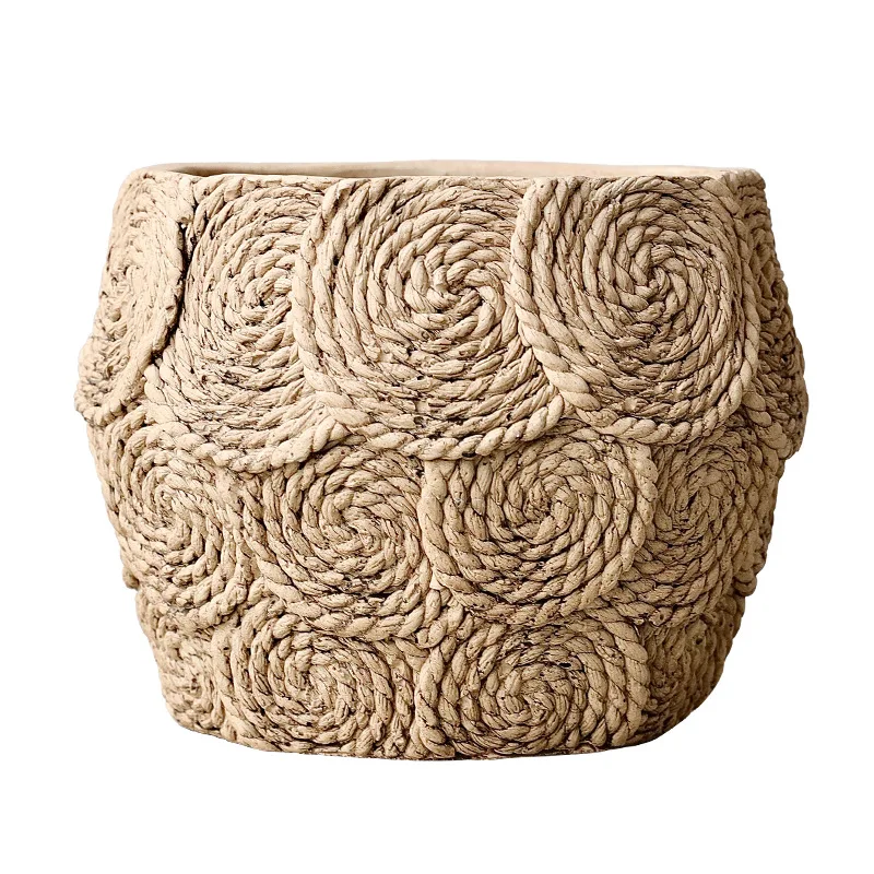 Rural Style Imitation Woven Cement Flowerpot Grass Woven Green Plant Potted Plant Set Living Room
