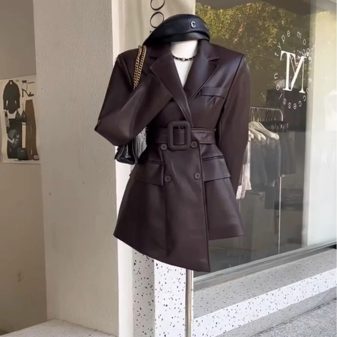 Cé Brown Retro Skórzana Kurtka Damska Jesienna Nowa Elegancka Z Wysokim Stanem Garniturowa Odzież Wierzchnia Modna Uliczna Luźny Krój Długi Sweter