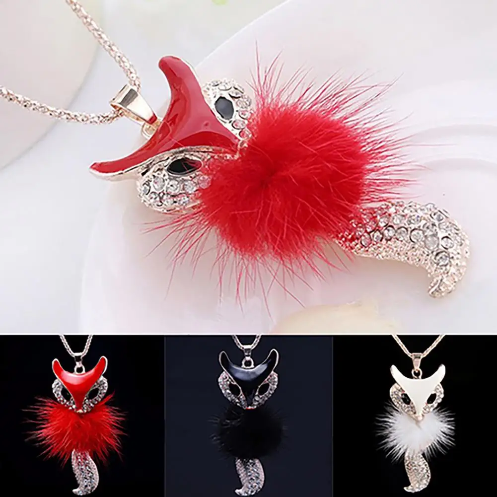 Opera Necklace  Durable Rhinestone Inlaid Faux Fur Necklace  Fox Sweater Necklace