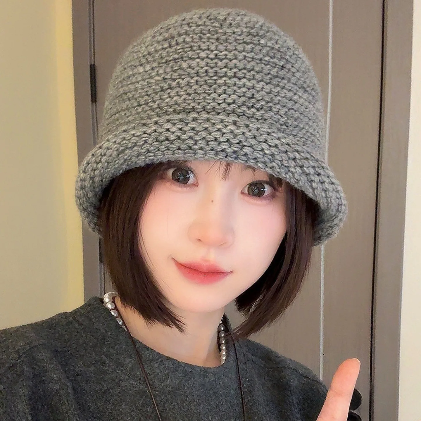 Women Wool Bucket Hat, Korean Rolled Edge Thick Yarn Basin Hat Versatile No-Makeup Knit Hat for Autumn Winter