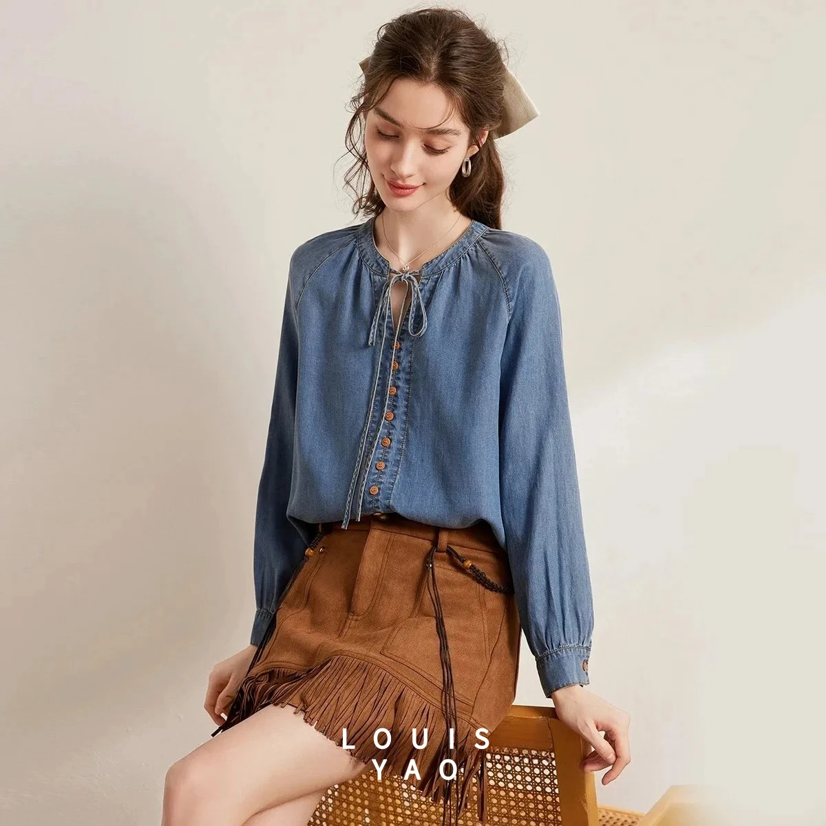 Lace Up Collar Denim Shirt 2025 Spring Women Advanced Raglan Sleeve Long Sleeve Casual Jean Blouse 