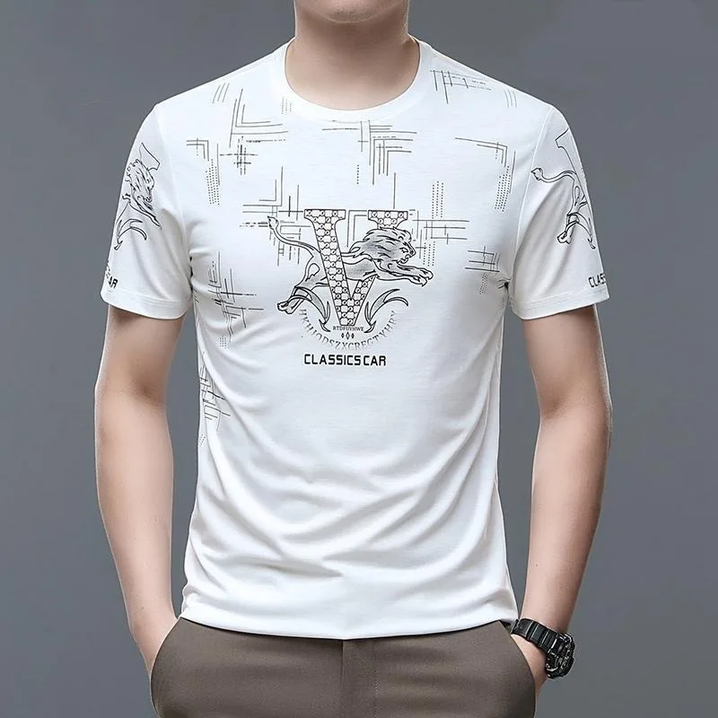 Summer T Shirt for Men Short Sleeve Fashion Printing Round Neck Graphic Letter Ice Silk Fashion Printing Vintage Casual Tops