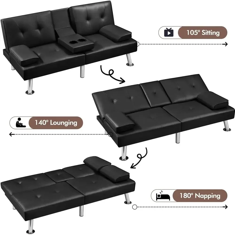 Convertible Sofa Bed Adjustable Couch Sleeper Modern Faux Leather Recliner Reversible Loveseat Folding Daybed Guest Bed, Removab image 5